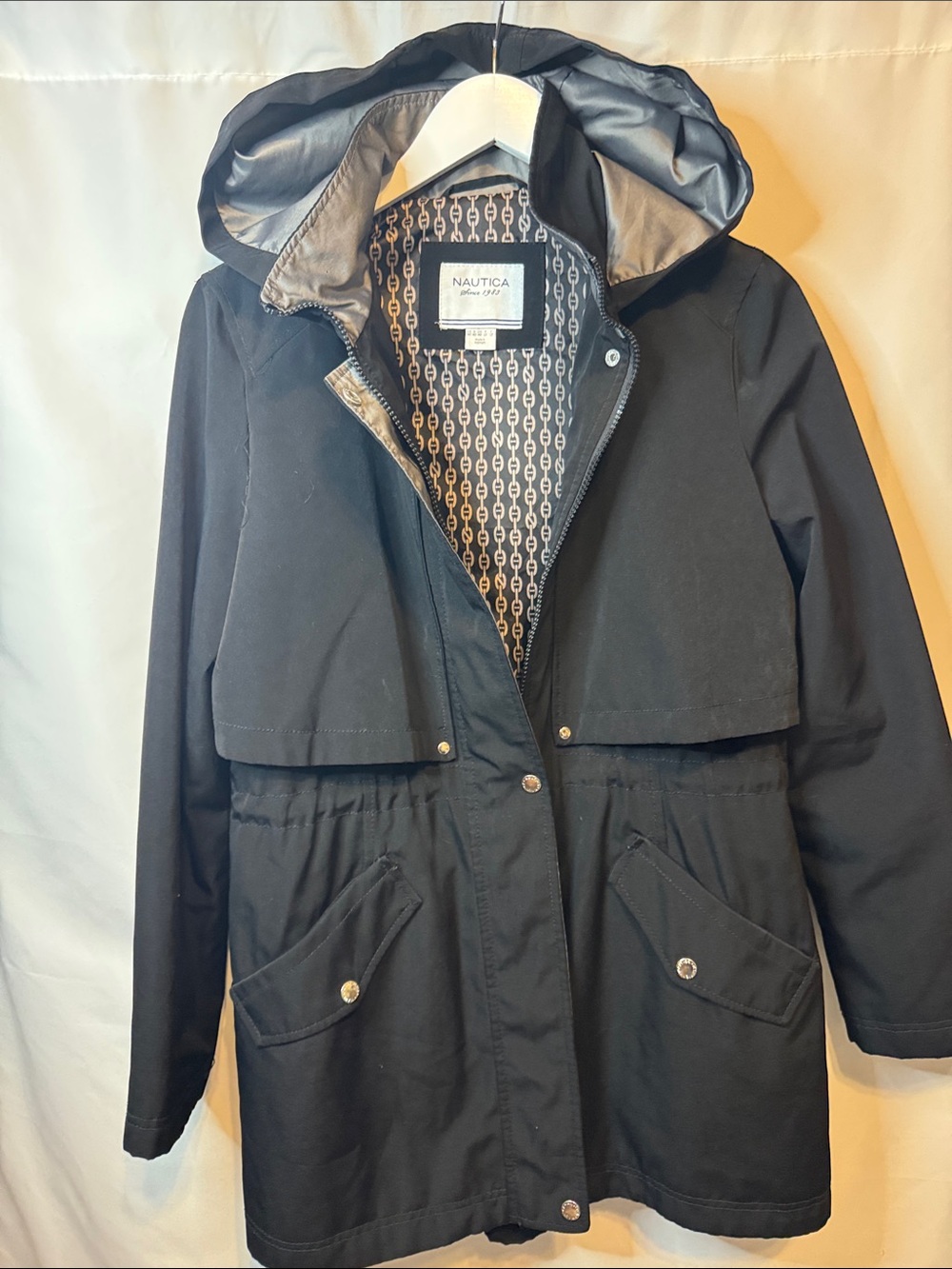 Nautica Black Hooded anarack Trench Coat with Patterned Lining woman’s medium